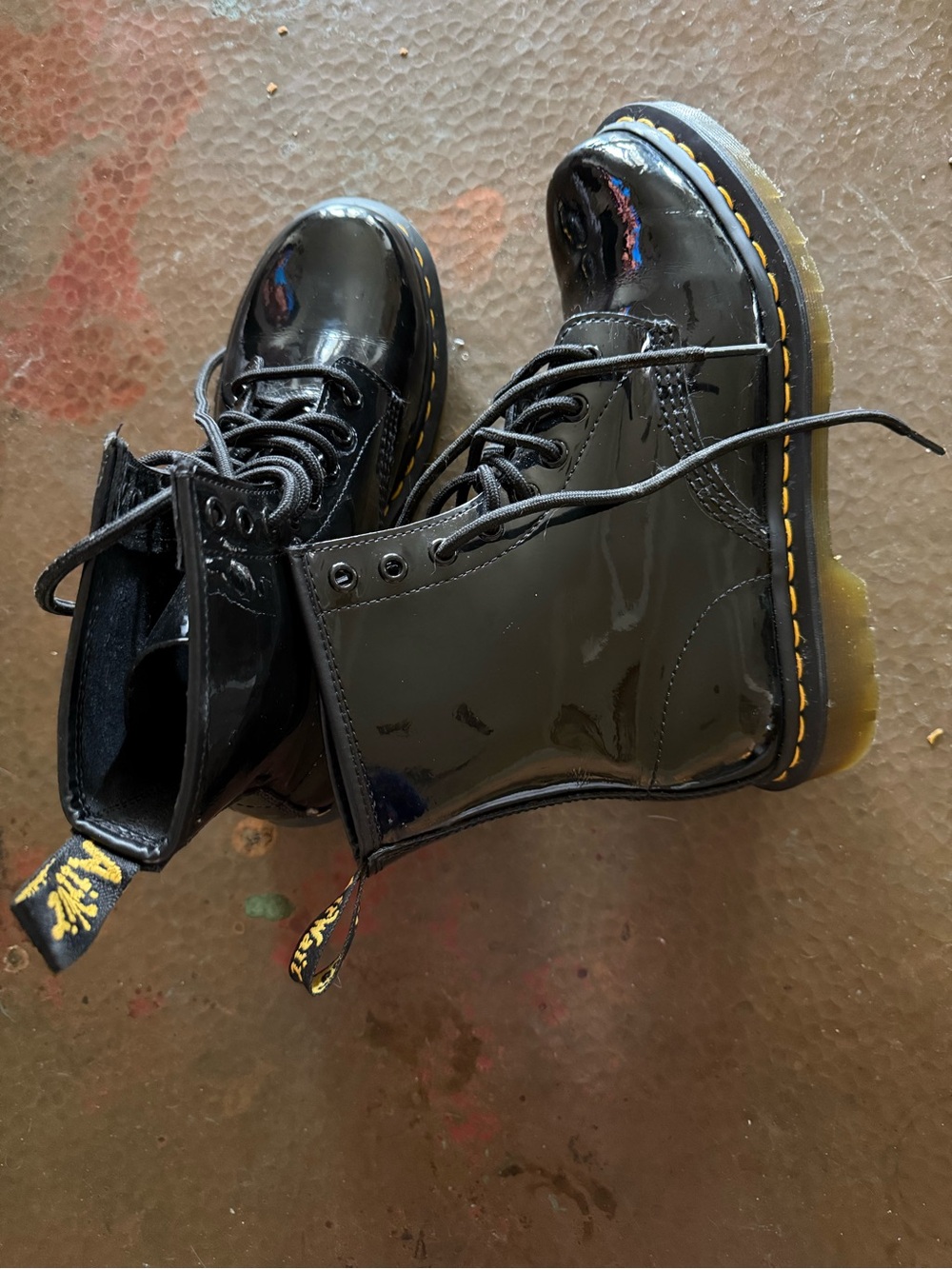 Dr. Martens Patent Black Lace-Up Boots with Yellow Stitching - Picture 2 of 6